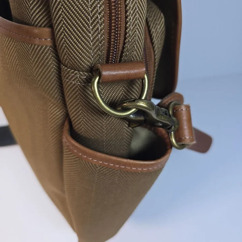 L.L. Bean Canvas Leather Crossbody Messenger Bag Brown Herringbone Travel Field